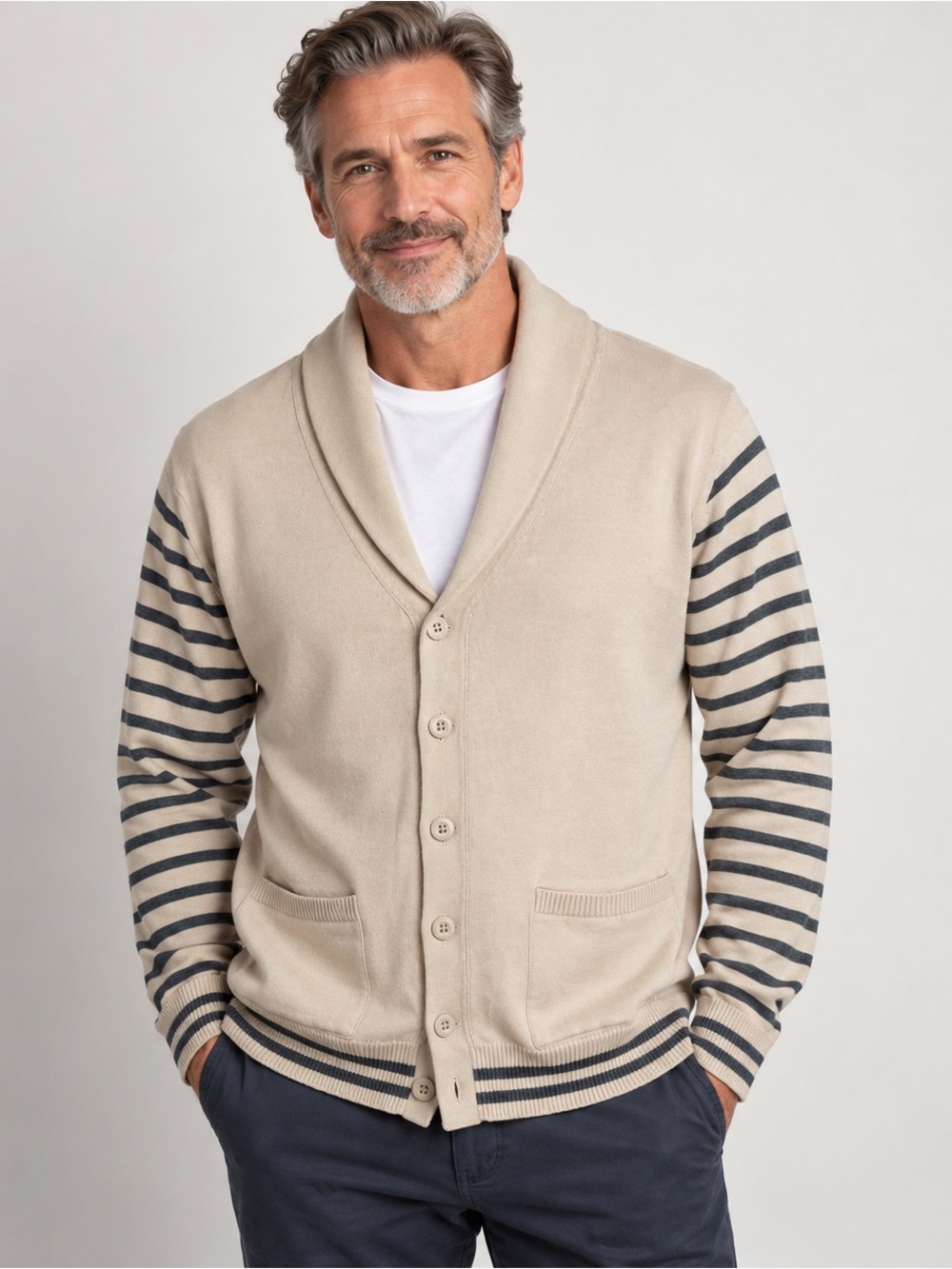 American Rag CIE Men’s Large Beige Striped Shawl Collar Cardigan 100% Cotton